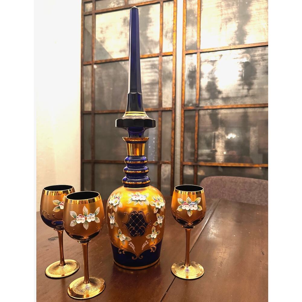 RTL Bohemian Enamel Gilt Cobalt Blue Glass Decanter Bottle Applied Flowers
